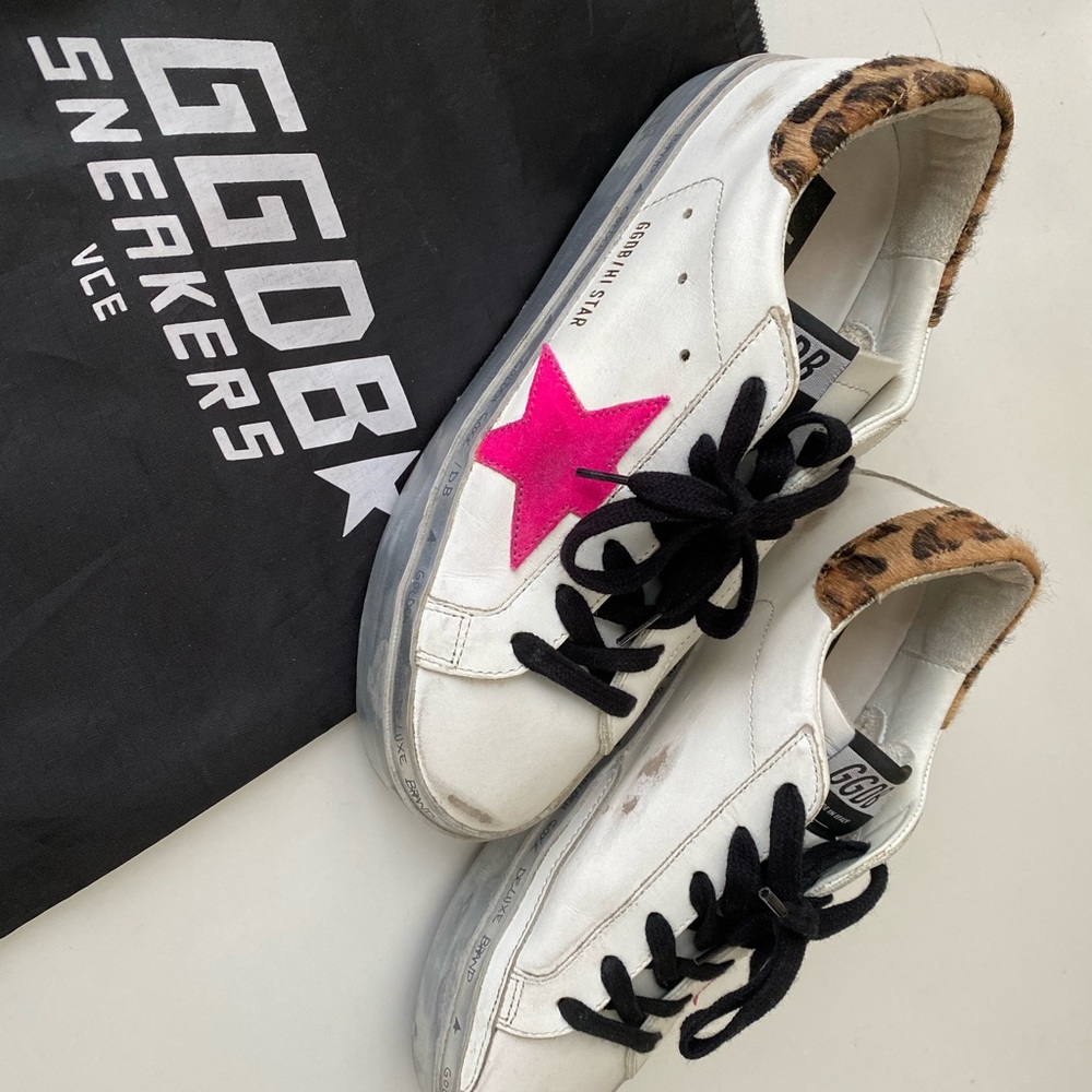 Golden Goose Golden Hi Star Sneakers with Fuchsia Star and Leopard-Print - Picture 3 of 4